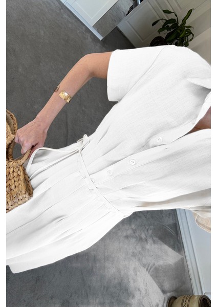 Beli Pileli Magarde Özel Seri Keten Elbise- Beyaz modelleri