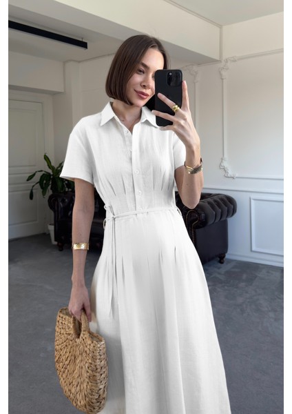 Beli Pileli Magarde Özel Seri Keten Elbise- Beyaz fırsatları