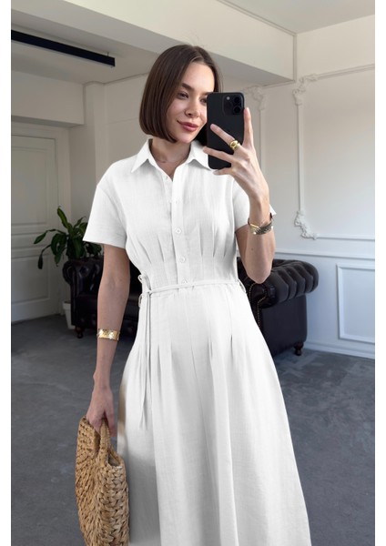 Beli Pileli Magarde Özel Seri Keten Elbise- Beyaz indirimleri