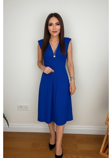 Kadın Kısa Kollu Kruvaze Yakalı Bel Korsajı Buzgulu Midi Janjan Krep Elbise fiyatları