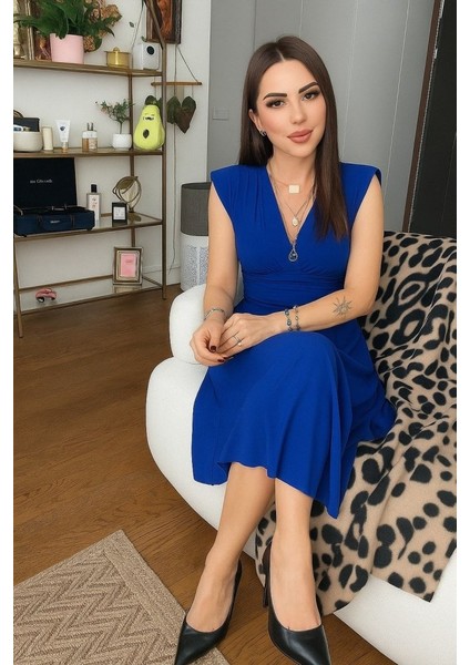 Kadın Kısa Kollu Kruvaze Yakalı Bel Korsajı Buzgulu Midi Janjan Krep Elbise modelleri