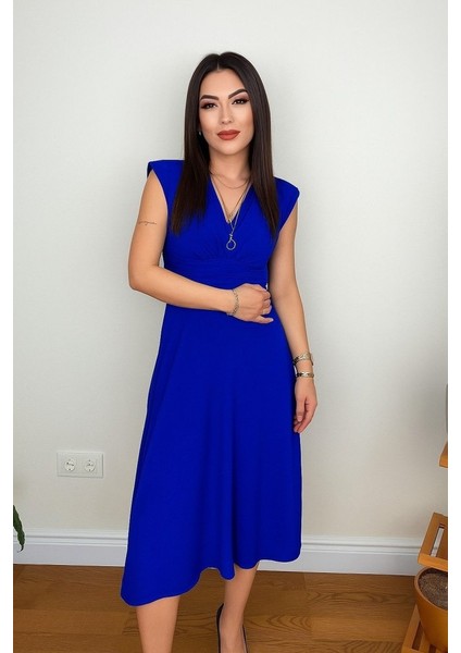 Kadın Kısa Kollu Kruvaze Yakalı Bel Korsajı Buzgulu Midi Janjan Krep Elbise fırsatları