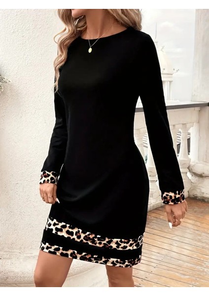 Kadın Uzun Kollu Bisiklet Yaka Şerit Leopar Desenli Dalgıç Elbise fiyatları