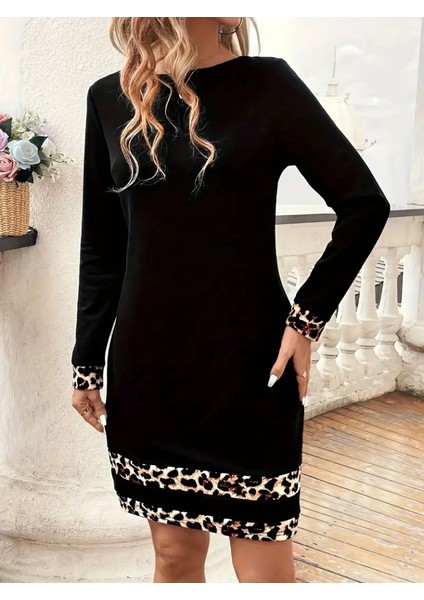Kadın Uzun Kollu Bisiklet Yaka Şerit Leopar Desenli Dalgıç Elbise modelleri