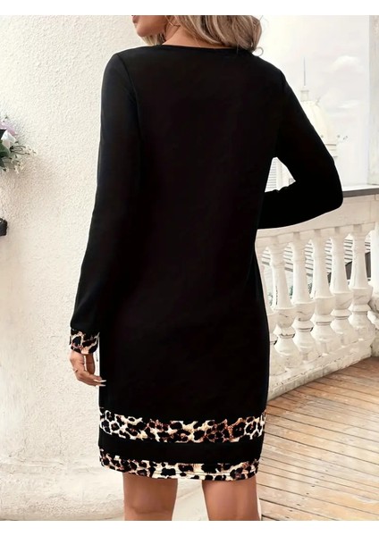 Kadın Uzun Kollu Bisiklet Yaka Şerit Leopar Desenli Dalgıç Elbise fırsatları