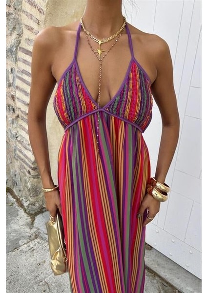 Askılı Pile Detaylı Renkli Maxi Elbise 2748 modelleri