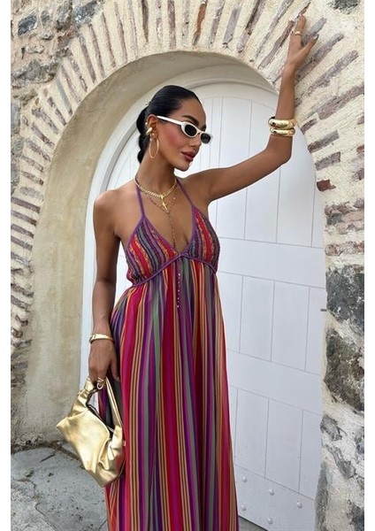 Askılı Pile Detaylı Renkli Maxi Elbise 2748 indirimleri