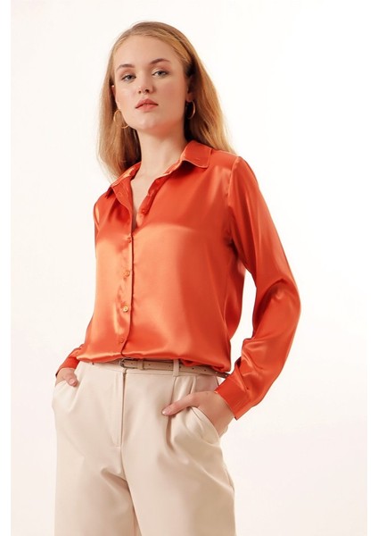 3964 Hafif Dökümlü Saten Gömlek - Turuncu