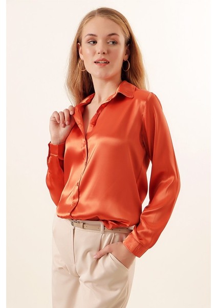 3964 Hafif Dökümlü Saten Gömlek - Turuncu fiyatları