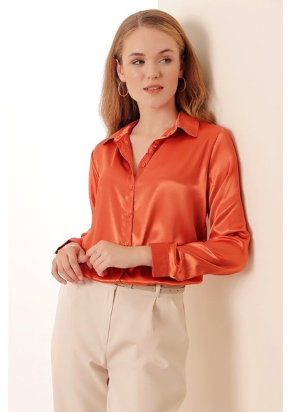 3964 Hafif Dökümlü Saten Gömlek - Turuncu modelleri