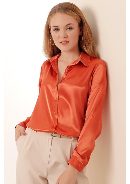 3964 Hafif Dökümlü Saten Gömlek - Turuncu fırsatları