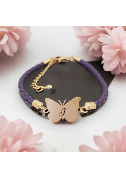 14 Ayar Plakalı Altın I Harfine Özel Kelebek Motifli Mor Derili Hediye BILEKLIK-469HARF fiyatları