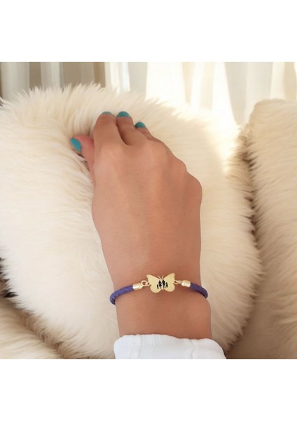 14 Ayar Altın Plakalı Aile Temalı Mor Derili Kelebek Motifli Hediye BILEKLIK-469SEMBOL