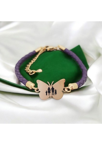 14 Ayar Altın Plakalı Aile Temalı Mor Derili Kelebek Motifli Hediye BILEKLIK-469SEMBOL fiyatları