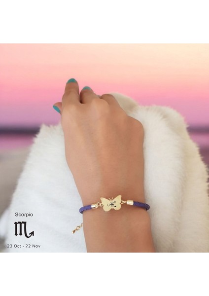 Altın Plakalı 14 Ayar Akrep Burçlarına Özel Kelebek Motifli Mor Derili Hediye BILEKLIK-469BURÇ