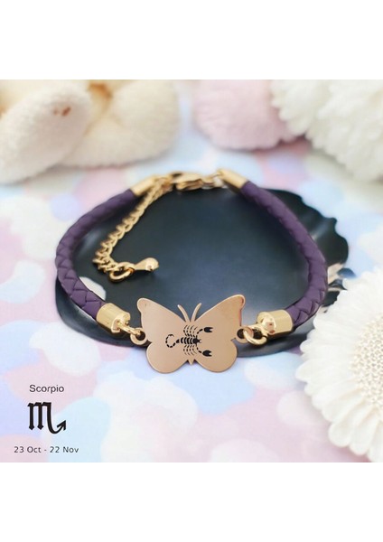 Altın Plakalı 14 Ayar Akrep Burçlarına Özel Kelebek Motifli Mor Derili Hediye BILEKLIK-469BURÇ fiyatları
