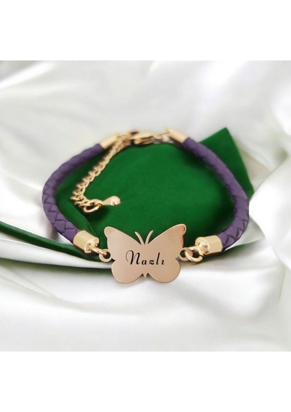 Altın Plakalı 14 Ayar Nazlı Ismine Özel Mor Derili Kelebek Motifli Hediye BILEKLIK-469ISIM fiyatları