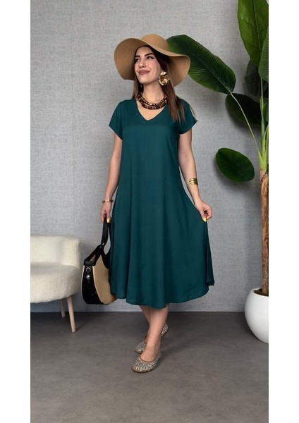 Kadın Kısa Kollu V Yaka Salaş Maxi Boy Elbise