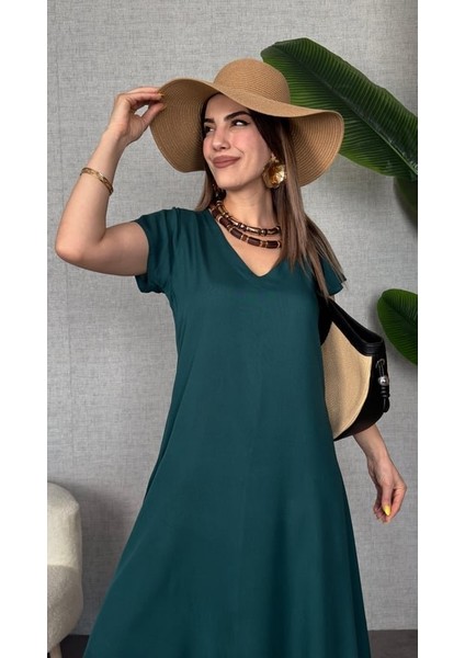 Kadın Kısa Kollu V Yaka Salaş Maxi Boy Elbise fiyatları