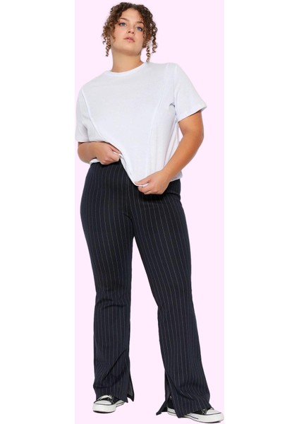 Kadın Büyük Beden Ispanyol Paça Çizgili Örme Tayt Pantolon Günlük Kombinler Modern Tasarım