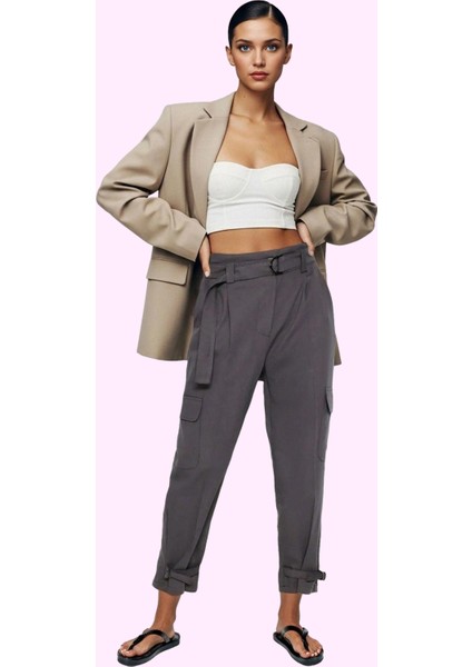 Kadın Yüksek Bel Kemerli Dokuma Pantolon Pamuklu Günlük Şıklık Hafta Sonu Kaliteli Malzeme