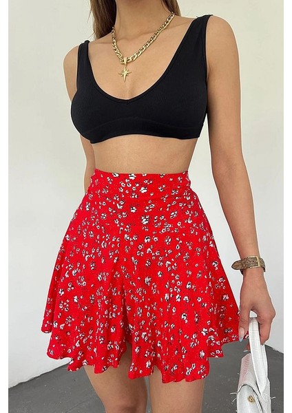 Kırmızı Viskon Kumaş Çiçek Desenli Yazlık Şort Etek