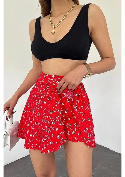 Kırmızı Viskon Kumaş Çiçek Desenli Yazlık Şort Etek fiyatları