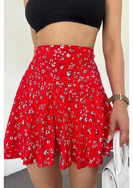 Kırmızı Viskon Kumaş Çiçek Desenli Yazlık Şort Etek modelleri