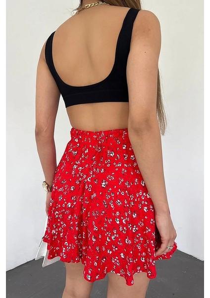 Kırmızı Viskon Kumaş Çiçek Desenli Yazlık Şort Etek fırsatları