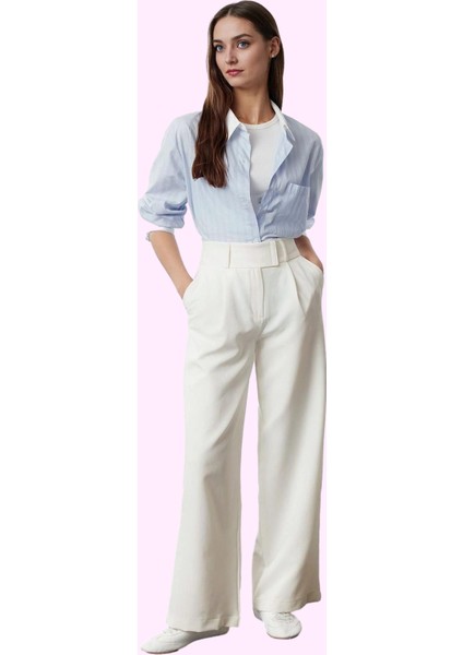 Kadın Yüksek Bel Geniş Paça Düz Desen Pantolon Finike Dokuma Iş ve Günlük Kullanım Hafta Sonu