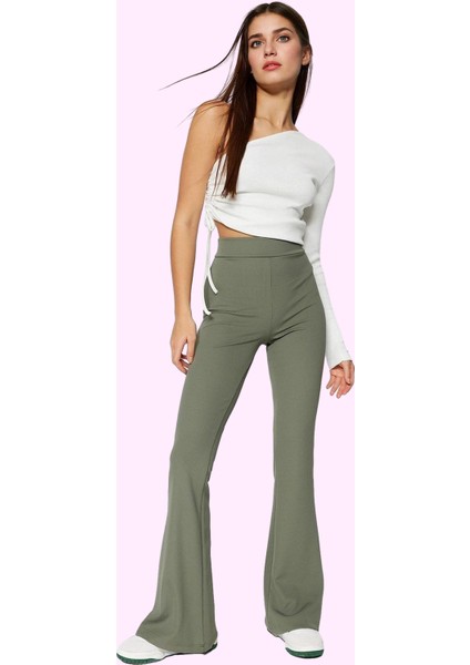 Kadın Yüksek Bel Flare Pantolon Günlük Kombinler Için Esnek Örme Kumaş Yaz Aylarının Vazgeçilmezi fiyatları