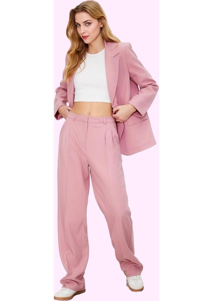 Kadın Straight Düz Kesim Pantolon Yüksek Bel Dokuma Kumaş Iş ve Günlük Kullanım Hafta Sonu