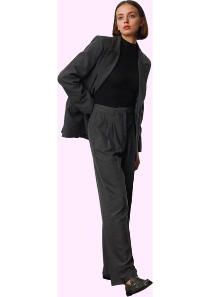 Kadın Straight Düz Kesim Pantolon Yüksek Bel Dokuma Kumaş Iş ve Günlük Kullanım Hafta Sonu