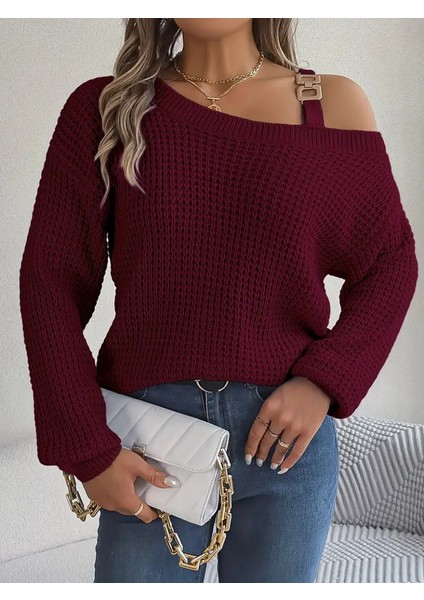 Kadın Uzun Kollu Tek Omuzu Açık Tokalı Triko Bluz