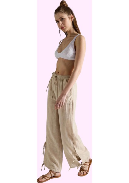Kadın Plaj Pantolonu Bağlama Detaylı Boru Paça Müslin Pamuk Yazlık Yaz Aylarının Vazgeçilmezi