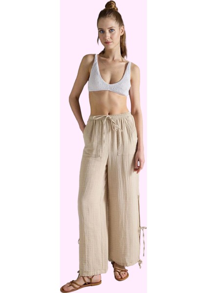 Kadın Plaj Pantolonu Bağlama Detaylı Boru Paça Müslin Pamuk Yazlık Yaz Aylarının Vazgeçilmezi fiyatları