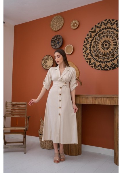 Bej Düğmeli Keten Elbise