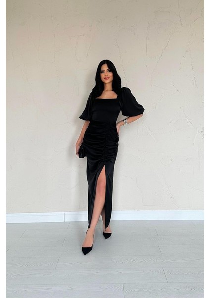 Siyah Büzgülü Saten Elbise fiyatları