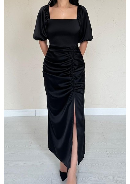Siyah Büzgülü Saten Elbise modelleri