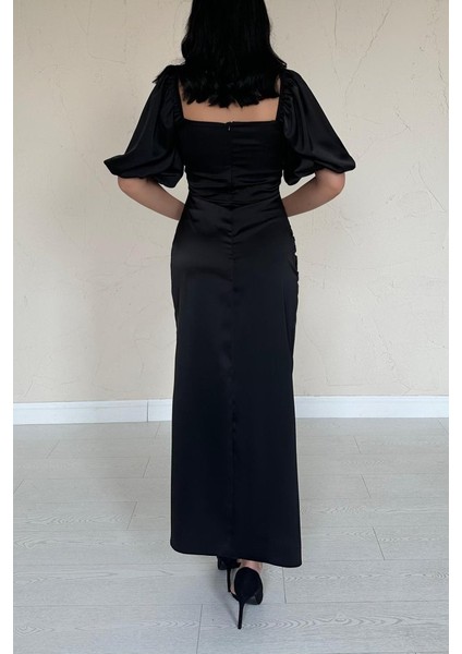 Siyah Büzgülü Saten Elbise fırsatları