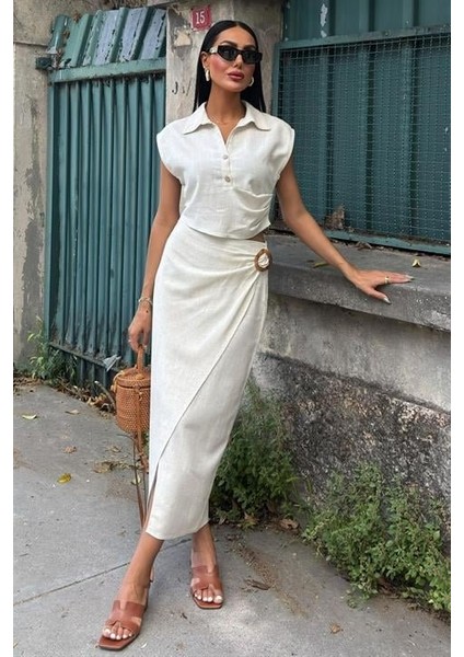 Bluzu Büzgülü ve Eteği Tokalı Keten Takım 10204