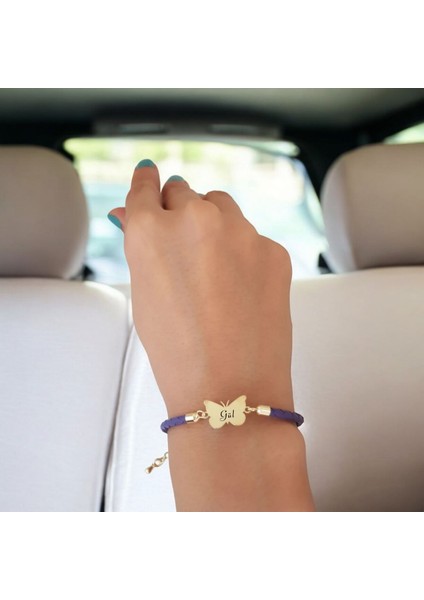 14 Ayar Altın Plakalı Gül Ismine Özel Mor Derili Kelebek Motifli Hediye BILEKLIK-469ISIM