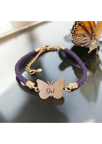 14 Ayar Altın Plakalı Gül Ismine Özel Mor Derili Kelebek Motifli Hediye BILEKLIK-469ISIM fiyatları
