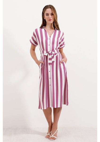 2456 Çizgili Gömlek Elbise - Gül Kurusu fiyatları