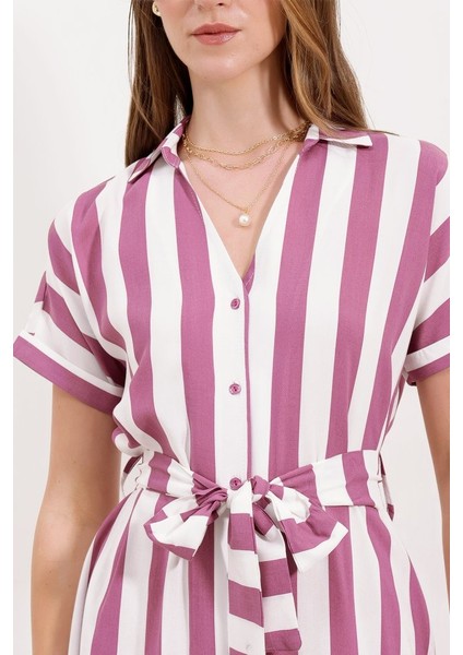 2456 Çizgili Gömlek Elbise - Gül Kurusu modelleri