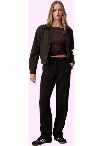 Kadın Geniş Paça Pileli Dokuma Pantolon Yüksek Bel Casual Günlük Yaz Aylarının Vazgeçilmezi