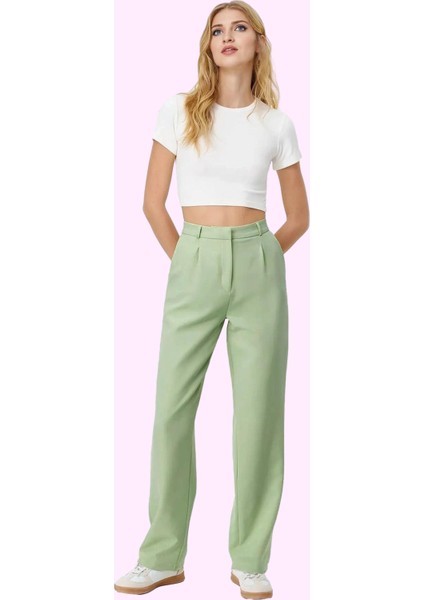 Kadın Geniş Paça Pileli Dokuma Pantolon Yüksek Bel Casual Günlük Yaz Aylarının Vazgeçilmezi