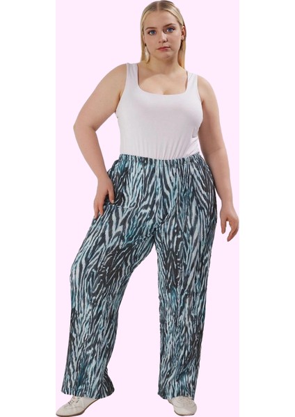 Kadın Geniş Paça Piliseli Desenli Pantolon Yüksek Bel Örme 100% Polyester Günlük Hafta Sonu