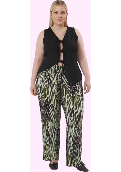 Kadın Geniş Paça Piliseli Desenli Pantolon Yüksek Bel Örme 100% Polyester Günlük Hafta Sonu