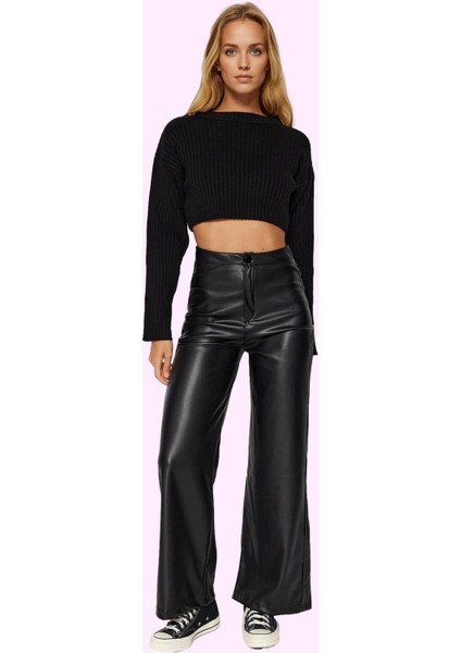 Kadın Geniş Paça Suni Deri Pantolon Yüksek Bel Beli Lastikli Şık Tasarım Dayanıklı Malzeme